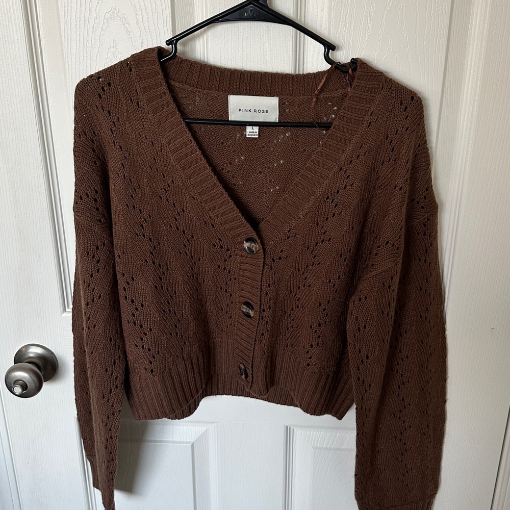 Pink Rose - Brown Cropped Knit Cardigan Sweater